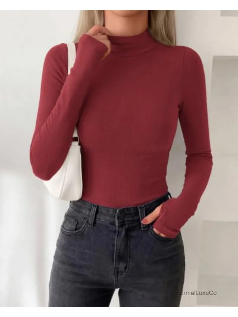 Women's Turtleneck Thumbhole Long Sleeve Top - Fleece Lined Slim Fit Thermal